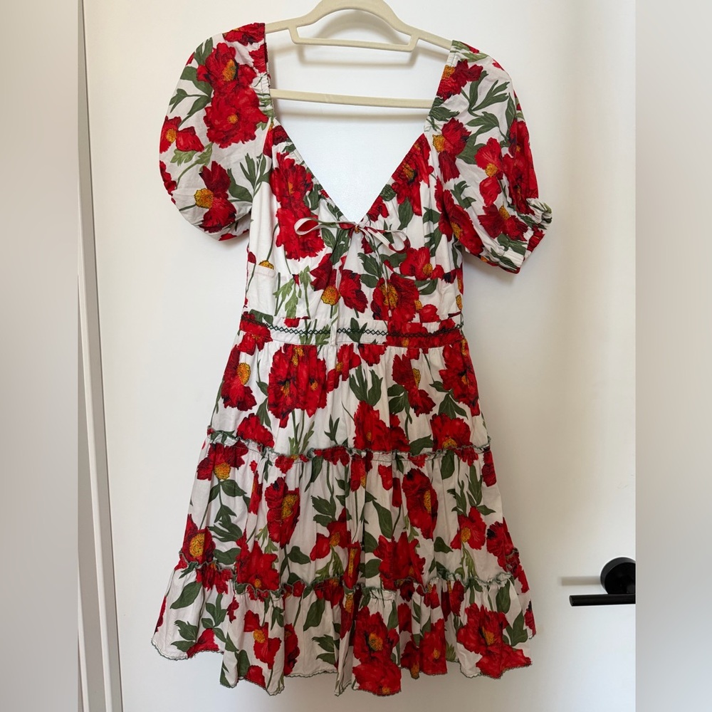 Lena Red Floral Puff-Sleeve Tiered Dress on White
